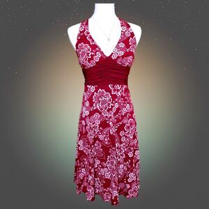 Vintage B Darlin Juniors 5/6 Halter Dress Red White Floral Empire Waist